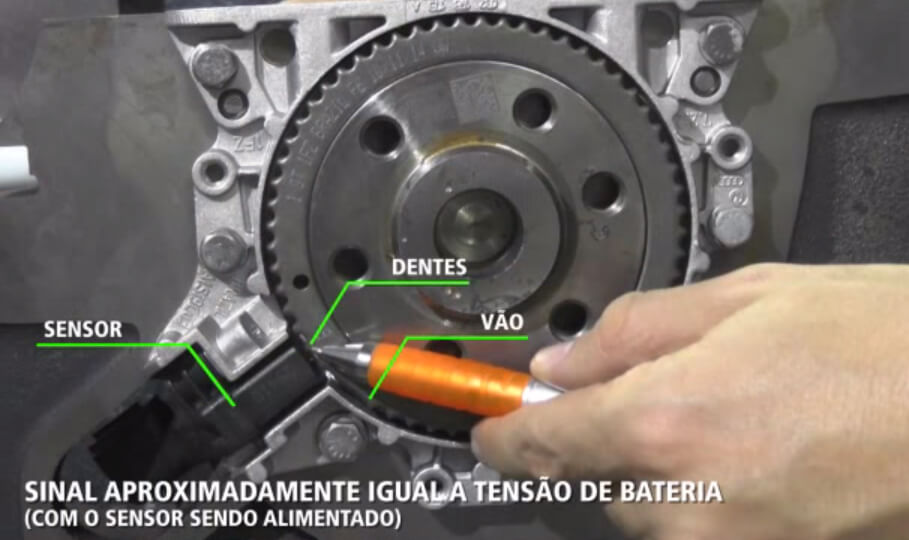 Elemento sensor em frente ao dente da roda fônica.